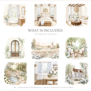 May include: Watercolor illustrations of various interior and exterior scenes, including a bathroom, bedroom, living room, and outdoor settings. The images feature soft colors, floral arrangements, and architectural details. The text "WHAT IS INCLUDED: 70 separate png files" is also present.