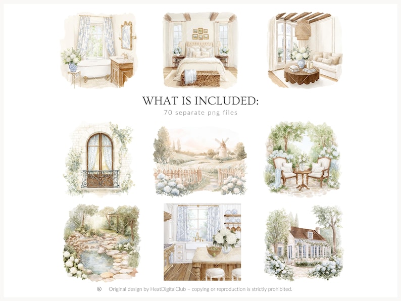 May include: Watercolor illustrations of various interior and exterior scenes, including a bathroom, bedroom, living room, and outdoor settings. The images feature soft colors, floral arrangements, and architectural details. The text "WHAT IS INCLUDED: 70 separate png files" is also present.