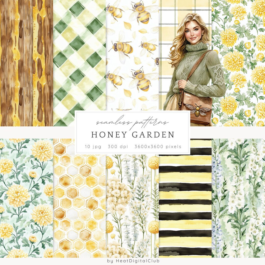 Watercolor Honey Garden Seamless Patterns, Bee Digital Paper (digital ...
