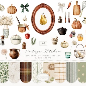 Peut inclure: Une collection numérique d'illustrations aquarelles de cuisine comprenant des citrouilles, des ustensiles en cuivre, des bocaux, des herbes et des couverts, centrée sur une poire encadrée. L'ensemble inclut des motifs variés à carreaux et floraux.
