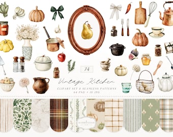 Watercolor Autumn Kitchen Clipart Set, Heirloom Fall Cooking Elements (Digital Download)