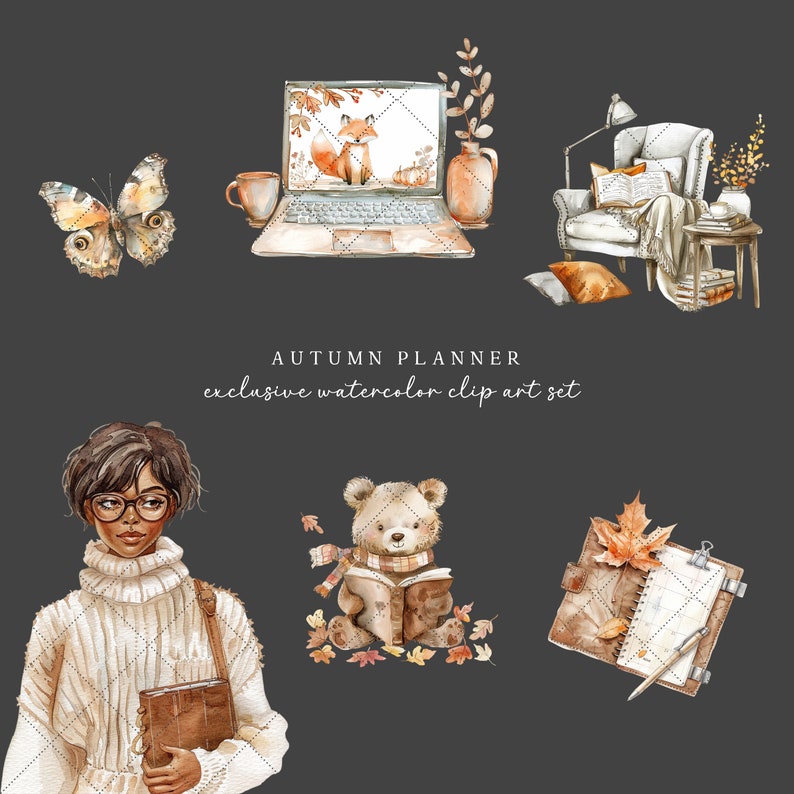 May include: A watercolor clip art set featuring autumnal themes. The set includes a laptop with a fox on the screen, a cozy armchair with a book, a butterfly, a girl with glasses holding a book, a teddy bear reading a book, and a planner with a fall leaf.