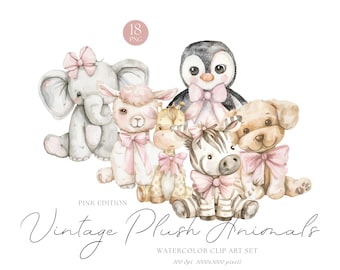 Aquarel roze vintage pluche dieren clipart bundel, kinderkamer dieren illustraties, babyshower party uitnodiging png, baby dier decor scrapbooking