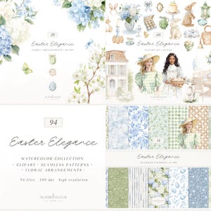 Watercolor Easter Elegance Clipart, Elegant Easter PNG, Grandmillennial Spring, Cottagecore Clipart, Easter Bunny PNG, Digital Download