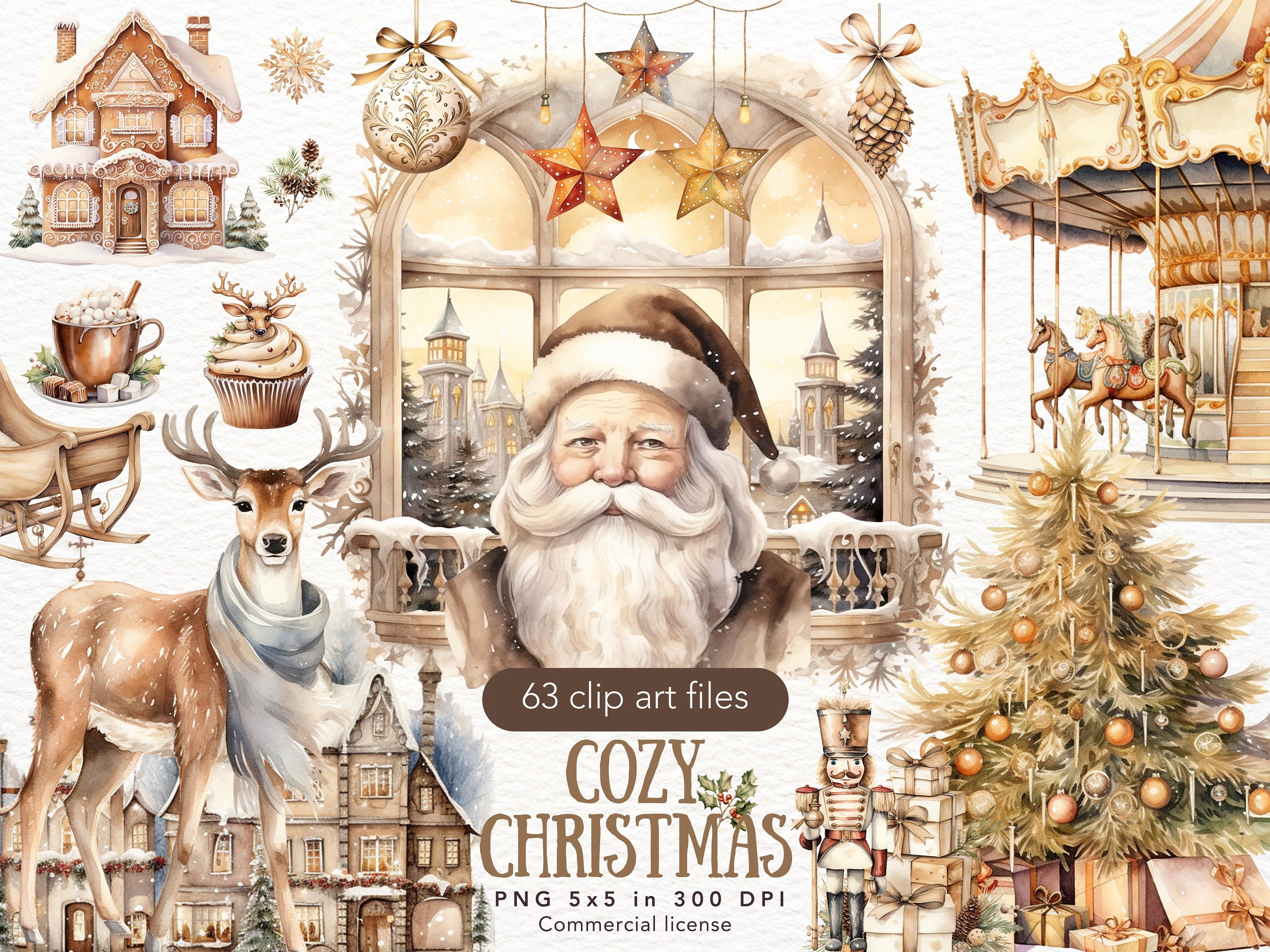Watercolor Christmas Clipart Bundle, Santa, Reindeer PNG (digital ...