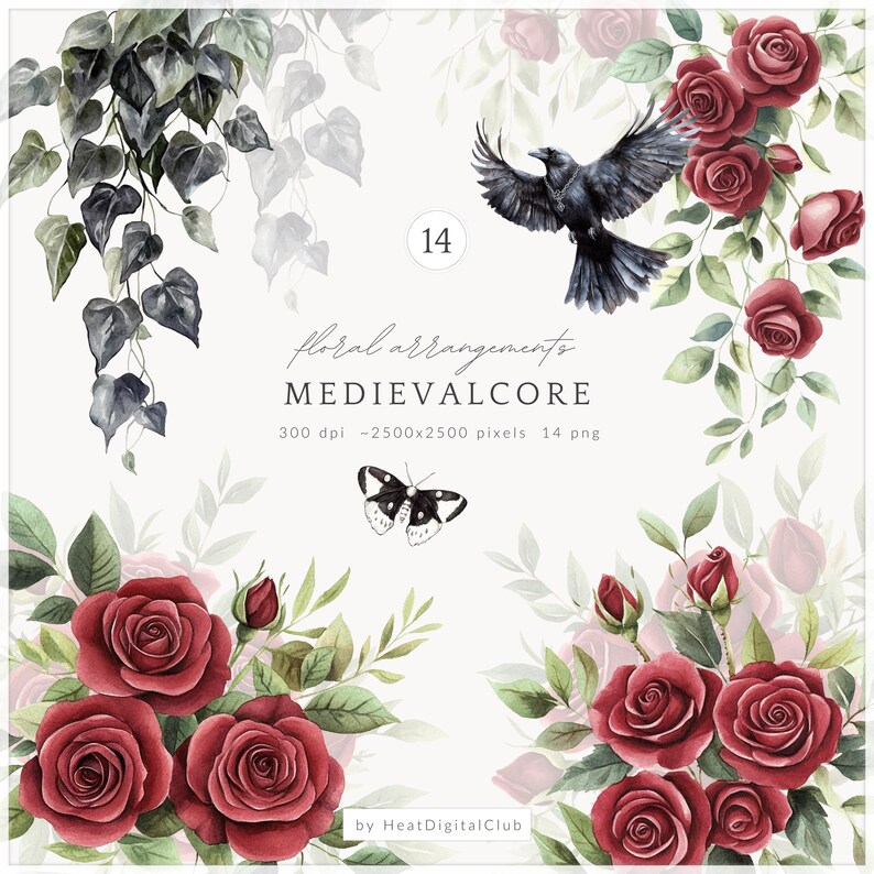 May include: Watercolor floral arrangements with red roses, green leaves, and a black crow. The image includes the text "Floral arrangements MEDIEVALCORE" and a butterfly illustration. The image is 2500x2500 pixels.