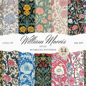 14 modelli senza soluzione di continuità di William Morris, motivo floreale vintage digitale da scaricare JPEG ripetuto, carta digitale Infinite Scrapbook Papers