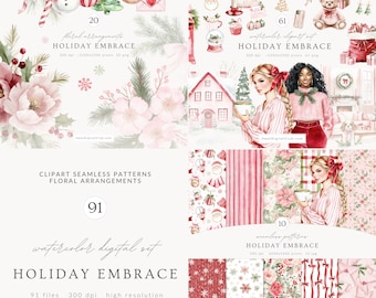 May include: A digital art set with a festive theme. The image showcases watercolour illustrations of Christmas decorations, floral arrangements, and patterns. Text includes "HOLIDAY EMBRACE" and "watercolor digital set". The colour scheme is mainly pink and red.