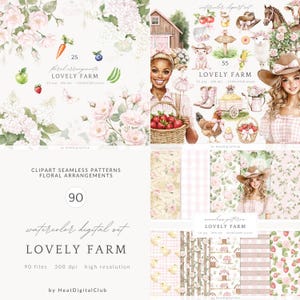Aquarelle belle ferme Clipart ensemble, coquette ferme fille PNG, vache cochon oie poulet fraise rose pays Clip Art, téléchargement numérique