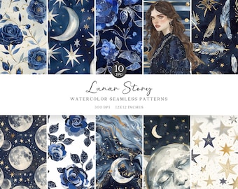 Aquarel maansterren naadloos patroon, celestial plakboekpapier (digitale download)