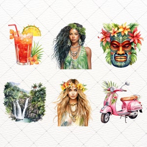 May include: Watercolour illustrations with tropical themes. Includes a red cocktail with pineapple, a woman with long dark hair, a tiki mask, a waterfall scene, a woman with blonde hair, and a pink scooter.