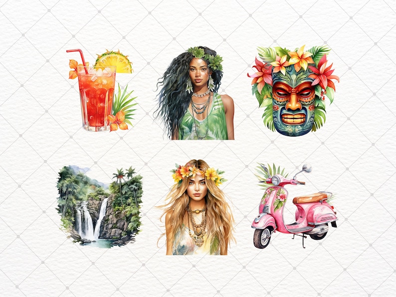 May include: Watercolour illustrations with tropical themes. Includes a red cocktail with pineapple, a woman with long dark hair, a tiki mask, a waterfall scene, a woman with blonde hair, and a pink scooter.
