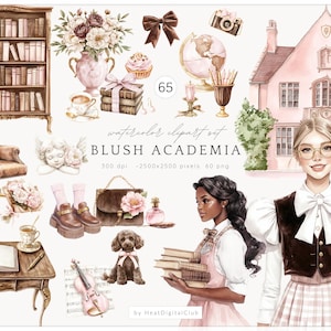 Op de afbeelding: Watercolor clipart set getiteld "Blush Academia" met verschillende elementen. Bevat een boekenkast, fauteuil, bloemen, boeken, een wereldbol, een camera, een huis en twee vrouwen. De set bevat ook een hond, een viool en een handtas.