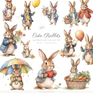 Niedliche Kaninchen Clipart - Niedliche Aquarell Bunny Clip Art, Niedliche Häschen Clipart, Clipart PNG, kommerzielle Nutzung Digital Sofort Download