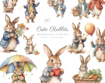 Clipart lapins mignons - clipart lapin aquarelle mignon, clipart lapins mignons, Clipart PNG, usage Commercial téléchargement numérique instantané