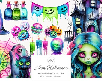 Watercolor Spooky Cute Neon Halloween Witch Clipart Bundle PNG, Halloween Illustrations, FantasyDoll Magic Storybook, Funny Digital Download