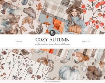 Watercolor Autumn Seamless Pattern Set, Floral, Plaid (Digital Download)