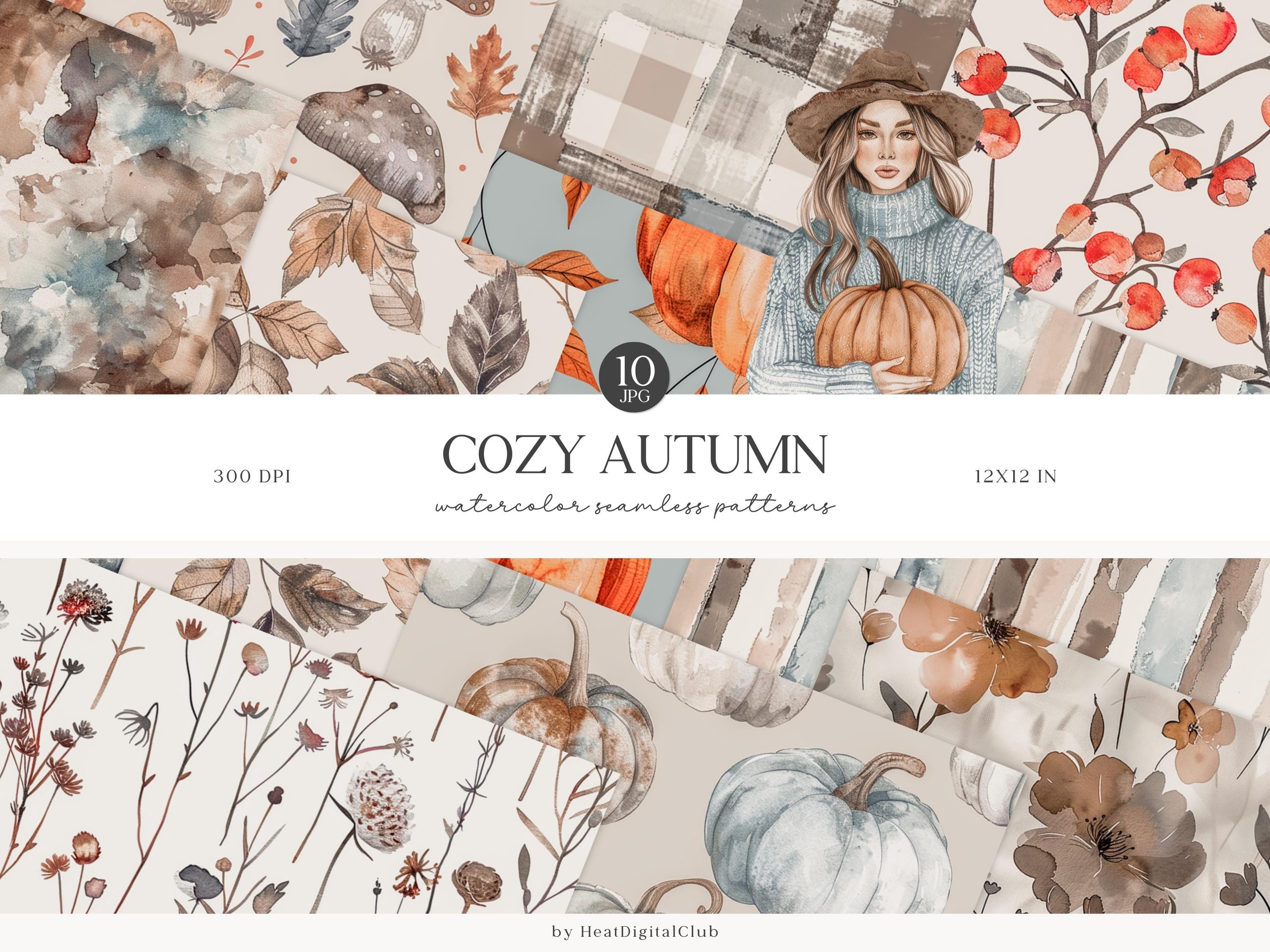 Watercolor Cozy Autumn Seamless Patterns, Neutral Fall Pattern
