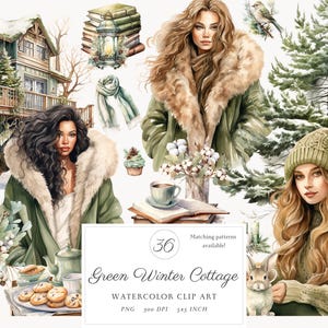 Aquarelle cosy vert chalet d'hiver vivant des cliparts, romantique hiver Cottagecore Clip Art PNG Bundle usage commercial, vie à la ferme de campagne