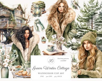 Watercolor Winter Cottage Clipart, Sage Green Cozy PNG Bundle (Digital Download)