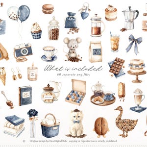 May include: A collection of watercolour illustrations featuring coffee-themed items such as a coffee grinder, coffee beans, a camera, a dress, and a mouse. The text "What is included: 60 separate png files" is visible.
