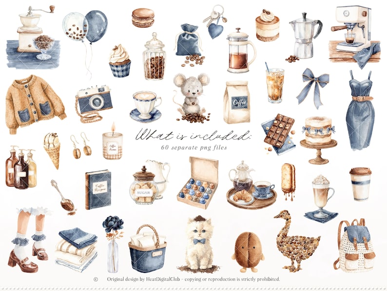 May include: A collection of watercolour illustrations featuring coffee-themed items such as a coffee grinder, coffee beans, a camera, a dress, and a mouse. The text "What is included: 60 separate png files" is visible.