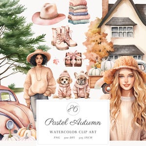 86 aquarela aconchegante pastel outono casa clipart, romântico outono cottagecore clip art png pacote uso comercial, campo, abóbora clipart