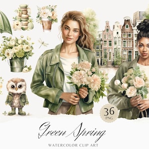 Clipart printemps vert aquarelle, clipart printemps confortable, graphiques floraux, printemps mignon, fleurs, saisonnier, fille aquarelle, autocollants numériques