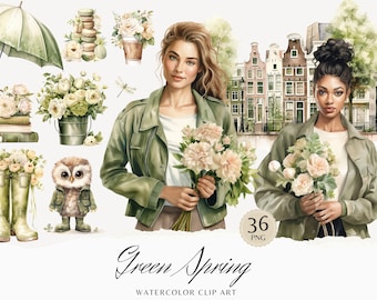 Clipart primavera verde acquerello, clipart primavera accogliente, grafica floreale, primavera carina, fiori, stagionale, ragazza acquerello, adesivi digitali