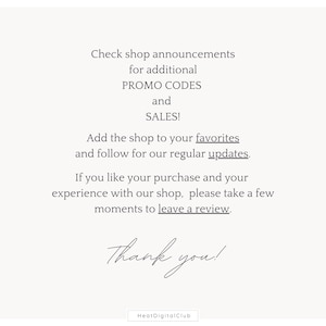 May include: A cream-coloured graphic with dark grey text. The text includes shop announcements, promo codes, sales, and a thank you message. The shop's name, HeatDigitalClub, is at the bottom.