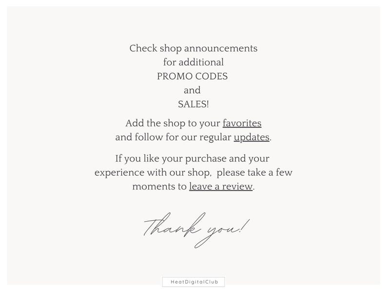 May include: A cream-coloured graphic with dark grey text. The text includes shop announcements, promo codes, sales, and a thank you message. The shop's name, HeatDigitalClub, is at the bottom.