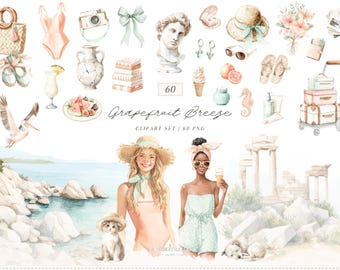 Watercolor Summer Clipart, Grapefruit Breeze, Mediterranean Beach Clipart, Coastal Aesthetic, Citrus Clipart, Vacation Clipart, Digital