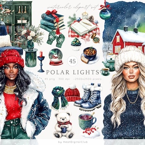 Aquarelle lumières polaires ClipArt, clipart hiver douillet, aurore boréale, hiver nordique PNG, clipart scandinave, téléchargement numérique