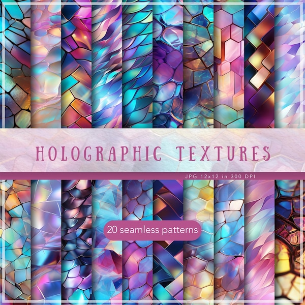 20 Seamless Holographic Textures Patterns, Metallic Digital Download JPEG, Repeating Pattern,  Digital Papers,  Infinite Scrapbook Paper
