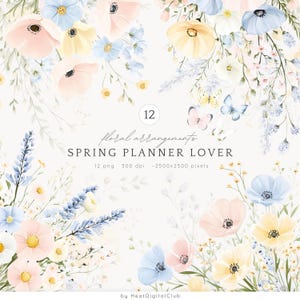 Arranjos florais de primavera em aquarela ClipArt, Flores de primavera em tons pastel PNG, Buquê de primavera suave, flores silvestres frescas, Download digital