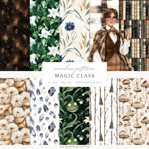 Pode incluir: Um conjunto de 10 padrões digitais sem costura que apresentam ilustrações de aquarela de objetos e símbolos mágicos. Os padrões incluem flores brancas, flores azuis, cristais, cogumelos, vassouras e muito mais. Os padrões são de 3600x3600 pixels e 300 dpi.
