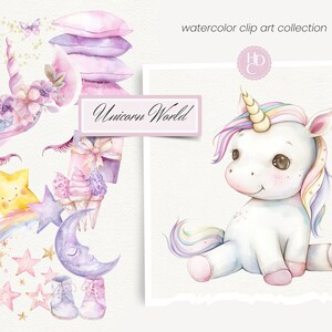 K&ouml;nnte beinhalten: Aquarell-Clipart-Sammlung mit einem Einhorn mit Regenbogenm&auml;hne und -schwanz, einem Stern, einem Halbmond und einem Stapel Kissen. Der Text "Unicorn World" ist auf einem rosa Banner geschrieben.