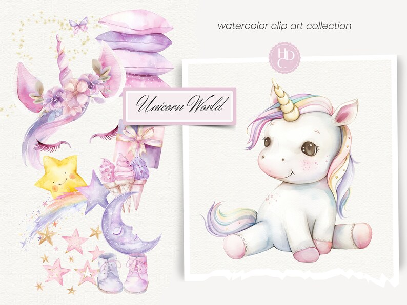 K&ouml;nnte beinhalten: Aquarell-Clipart-Sammlung mit einem Einhorn mit Regenbogenm&auml;hne und -schwanz, einem Stern, einem Halbmond und einem Stapel Kissen. Der Text "Unicorn World" ist auf einem rosa Banner geschrieben.