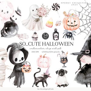 Pacote de clipart fofo de Halloween em aquarela, clipart assustador em tons pastéis, clipart de abóbora, PNG de Halloween infantil, fantasminha fofo, múmia