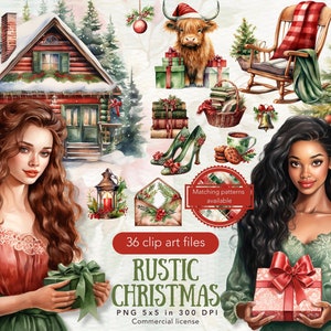 Paquete de imágenes prediseñadas navideñas rústicas en acuarela, imágenes prediseñadas navideñas de granja PNG, gráficos navideños de cabaña, pegatinas digitales navideñas, uso comercial