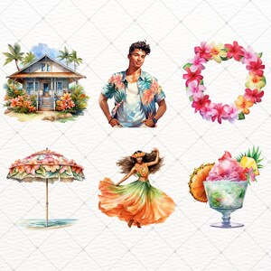 May include: Watercolour illustrations of Hawaiian themed elements. Includes a beach house, a man in a floral shirt, a flower lei, a beach umbrella, a woman dancing, and a tropical shaved ice dessert.