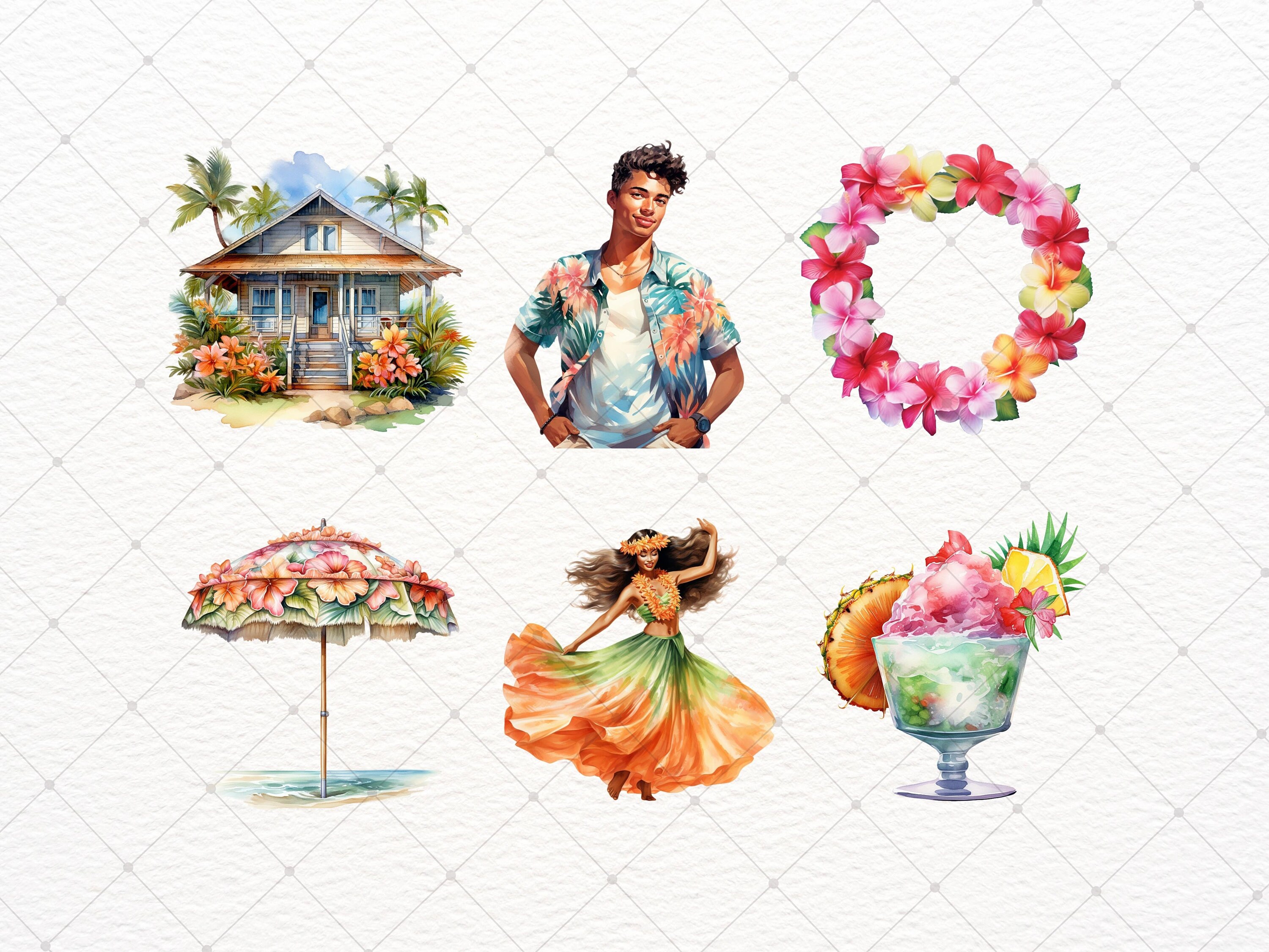 Watercolor Summer Hawaii Clipart - Watercolor Surfing Tropical Island ...