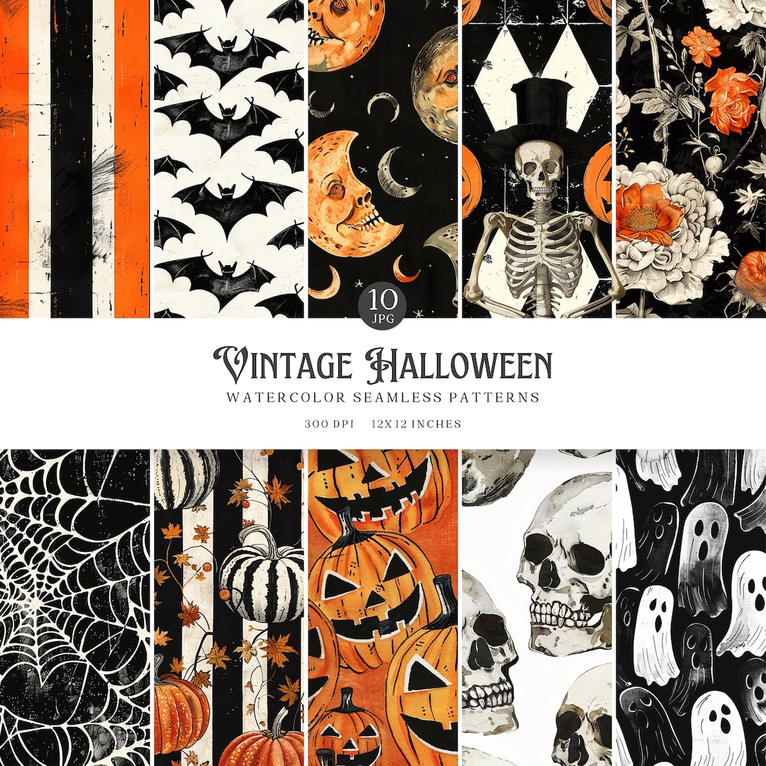 Watercolor Vintage Halloween Seamless Patterns, Classic Spooky Pattern