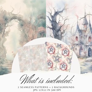 May include: Two watercolor backgrounds featuring a mystical forest with a stone archway and a gothic house with a pointed roof. Two seamless patterns with a pentagram design in shades of pink, blue, and red.