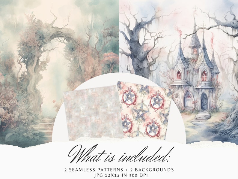 May include: Two watercolor backgrounds featuring a mystical forest with a stone archway and a gothic house with a pointed roof. Two seamless patterns with a pentagram design in shades of pink, blue, and red.
