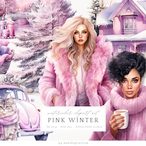 Acuarela acogedora cabaña de invierno rosa, imágenes prediseñadas de cabaña romántica de invierno PNG paquete para uso comercial, vida en una granja rural