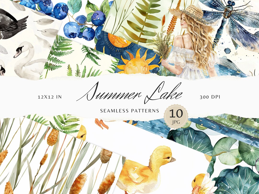 Watercolor Summer Lake Seamless Patterns, Fern Pattern JPEG, Swans ...