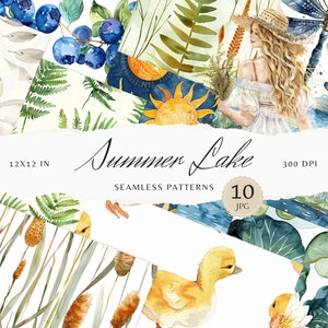 May include: A set of 10 digital watercolour seamless patterns featuring summer lake themes. The patterns include images of swans, ducks, dragonflies, blueberries, ferns, reeds, lily pads, and a sun with a face. The patterns are 12x12 inches and 300 DPI.