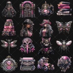 May include: A collection of 15 digital illustrations featuring steampunk-inspired designs with pink and black accents. The illustrations include a woman in a dress, a door, a teapot, a stack of books, a woman with a hat, a butterfly, a dragonfly, a gas mask, a cat, a bug, a clock, a typewriter, a car, and an airship.