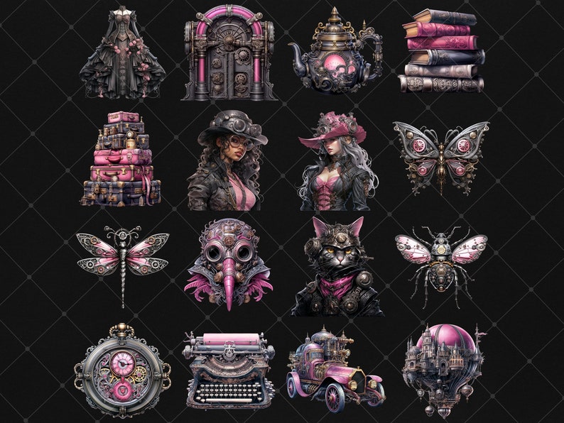 May include: A collection of 15 digital illustrations featuring steampunk-inspired designs with pink and black accents. The illustrations include a woman in a dress, a door, a teapot, a stack of books, a woman with a hat, a butterfly, a dragonfly, a gas mask, a cat, a bug, a clock, a typewriter, a car, and an airship.